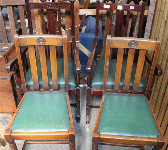 Four Arts and Crafts oak dining chairs and two carver dining chairs